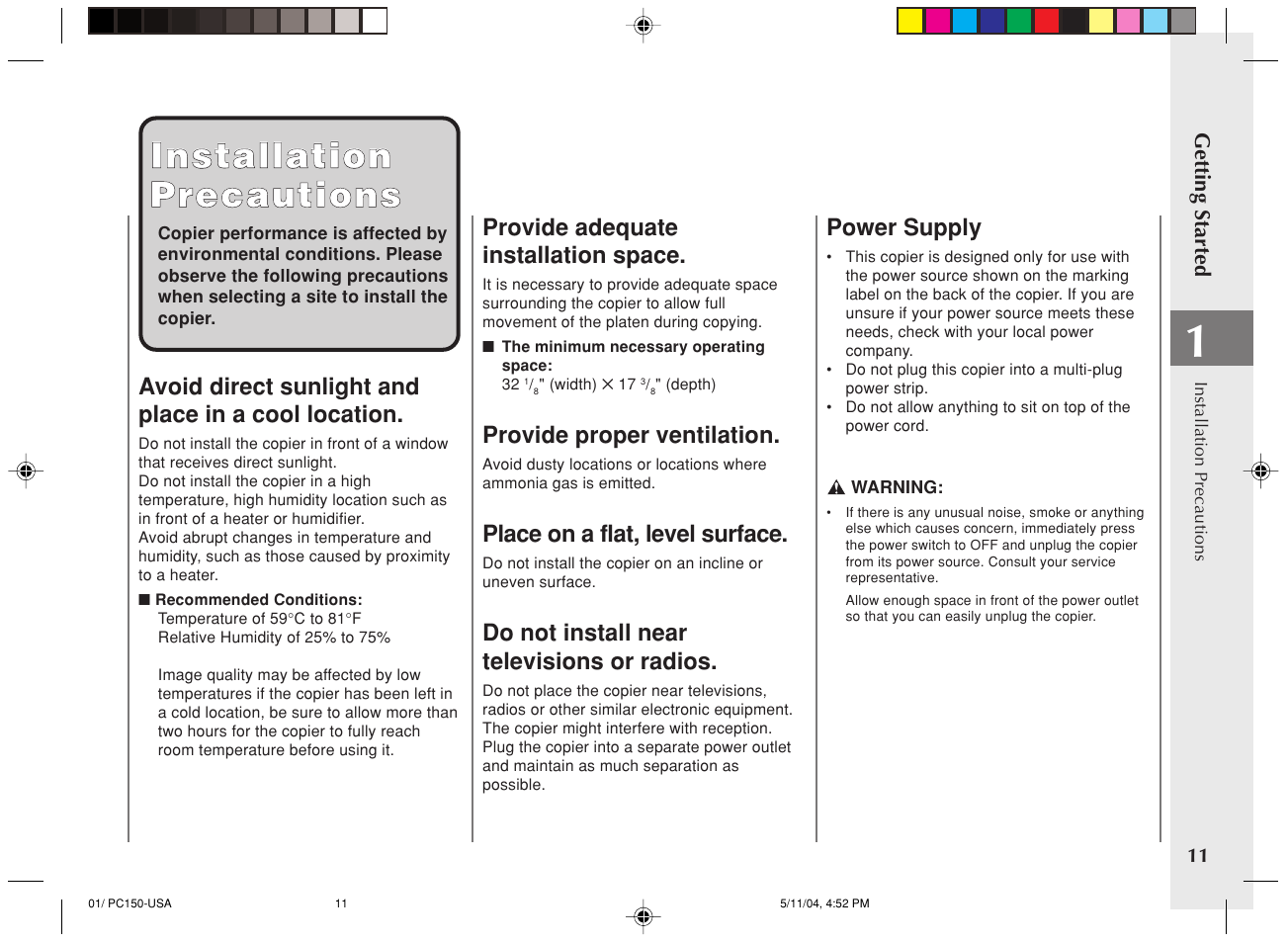 Installation installation precautions precautions, Avoid direct sunlight and place in a cool location, Provide adequate installation space | Provide proper ventilation, Place on a flat, level surface, Do not install near televisions or radios, Power supply | Canon PC170 User Manual | Page 13 / 60