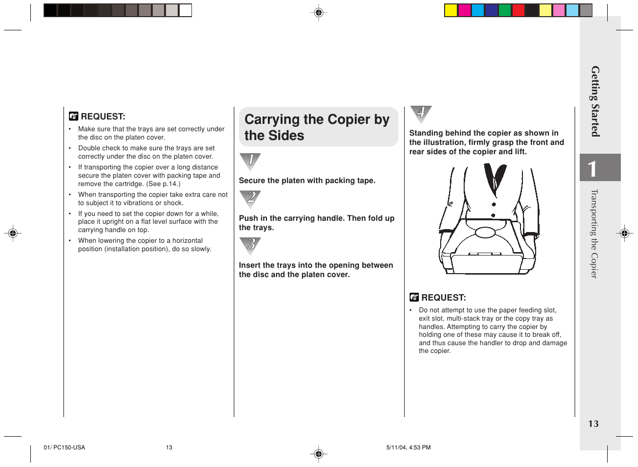 Carrying the copier by the sides | Canon PC170 User Manual | Page 15 / 60