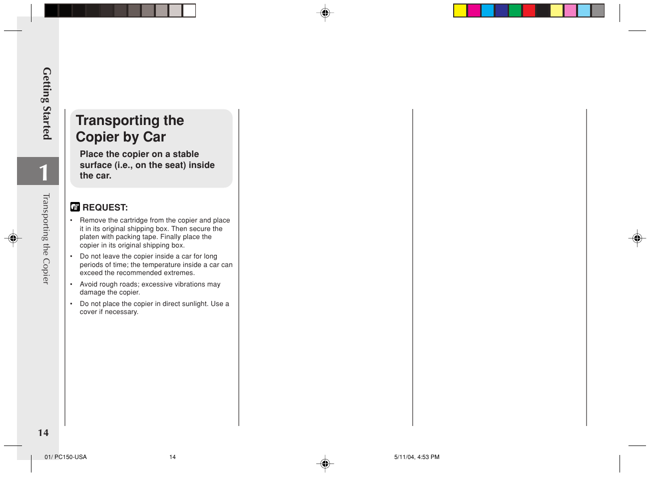 Transporting the copier by car | Canon PC170 User Manual | Page 16 / 60