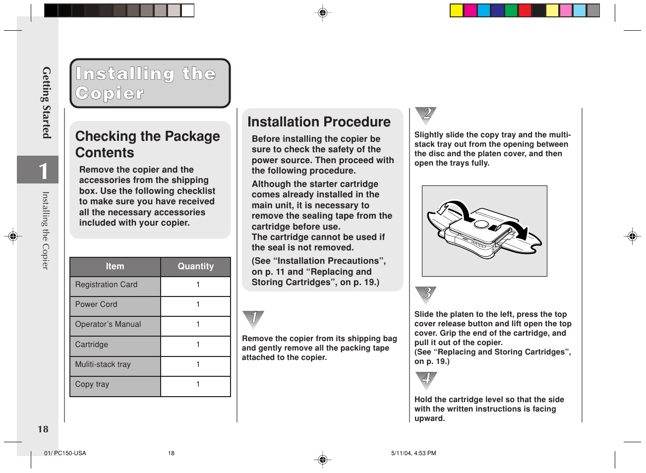 Installing the installing the copier copier, Checking the package contents, Installation procedure | Canon PC170 User Manual | Page 20 / 60