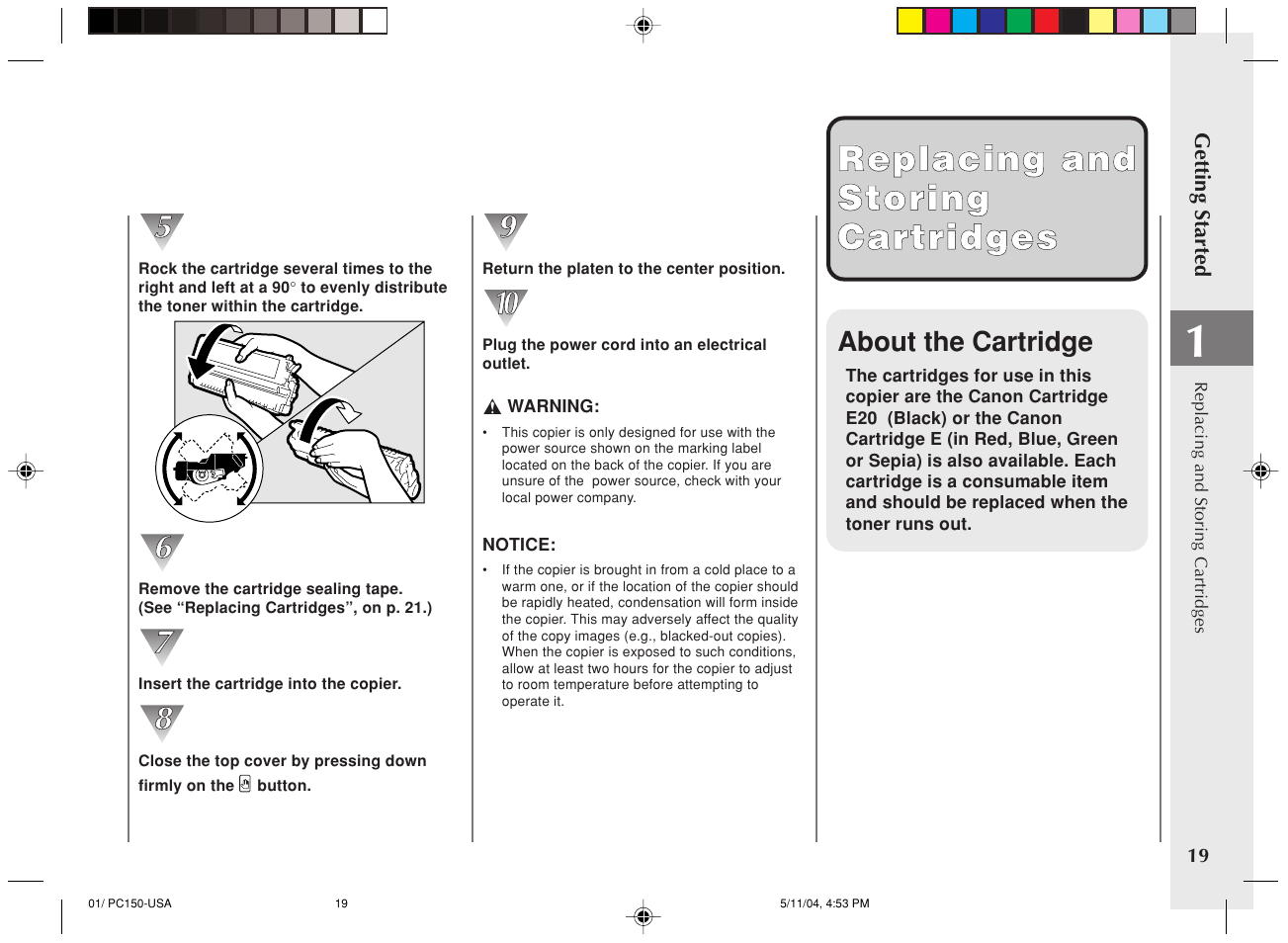 About the cartridge | Canon PC170 User Manual | Page 21 / 60