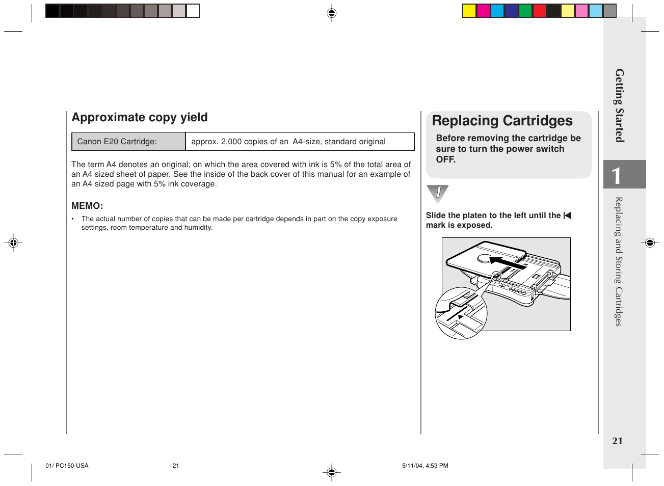 Replacing cartridges, Approximate copy yield | Canon PC170 User Manual | Page 23 / 60