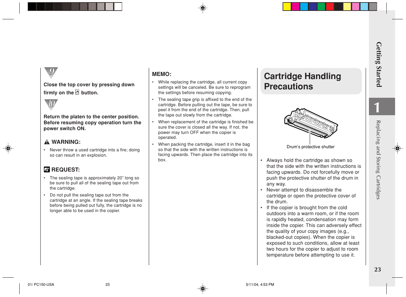 Cartridge handling precautions | Canon PC170 User Manual | Page 25 / 60