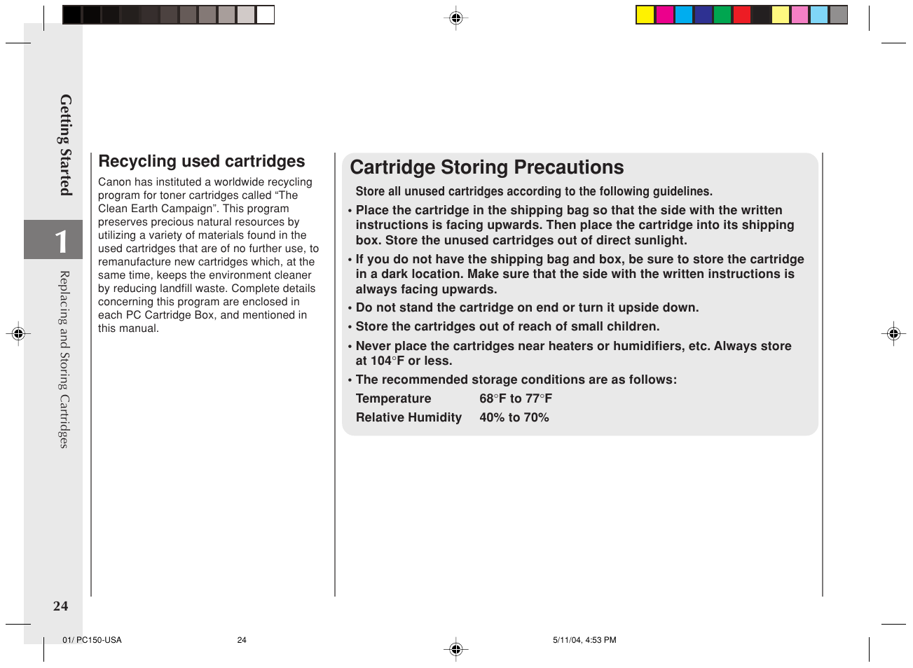 Cartridge storing precautions | Canon PC170 User Manual | Page 26 / 60