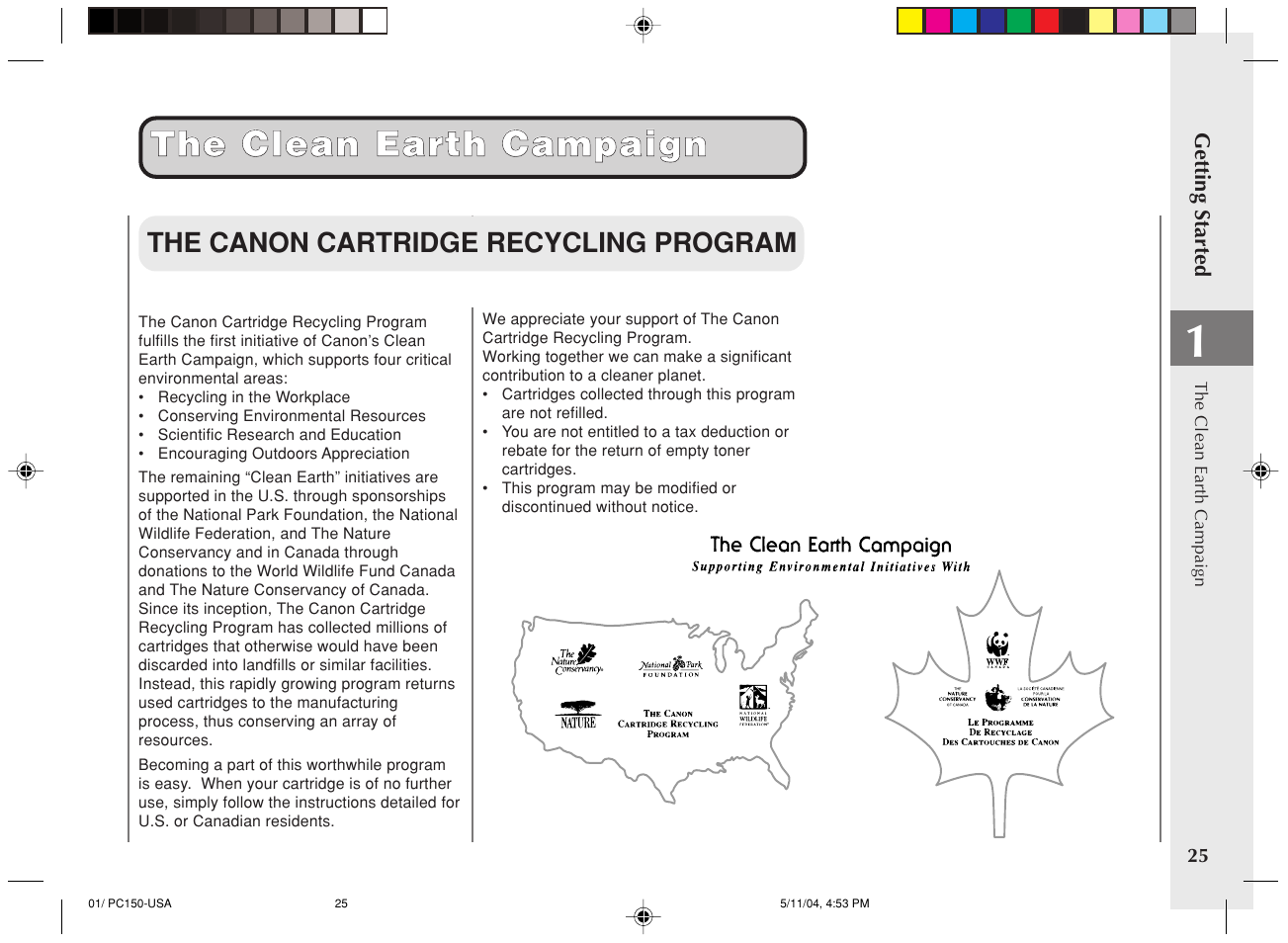 The clean earth campaign, The canon cartridge recycling program | Canon PC170 User Manual | Page 27 / 60