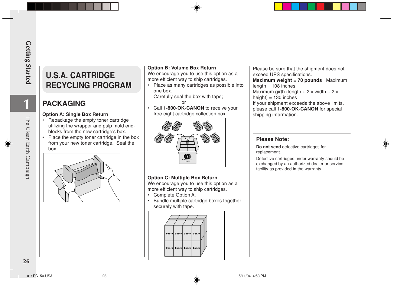 U.s.a. cartridge recycling program, Packaging | Canon PC170 User Manual | Page 28 / 60