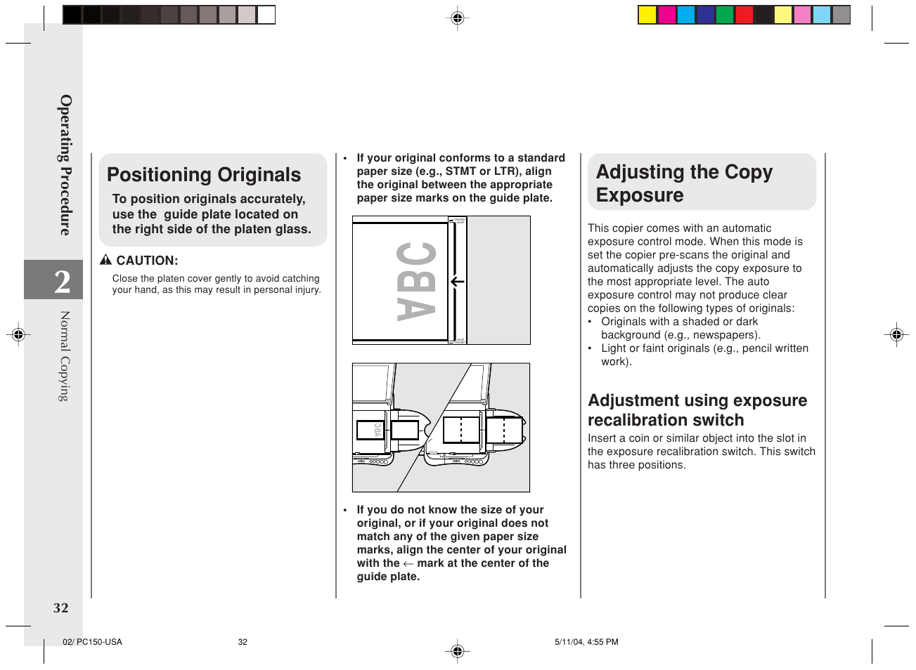 Positioning originals, Adjusting the copy exposure | Canon PC170 User Manual | Page 34 / 60