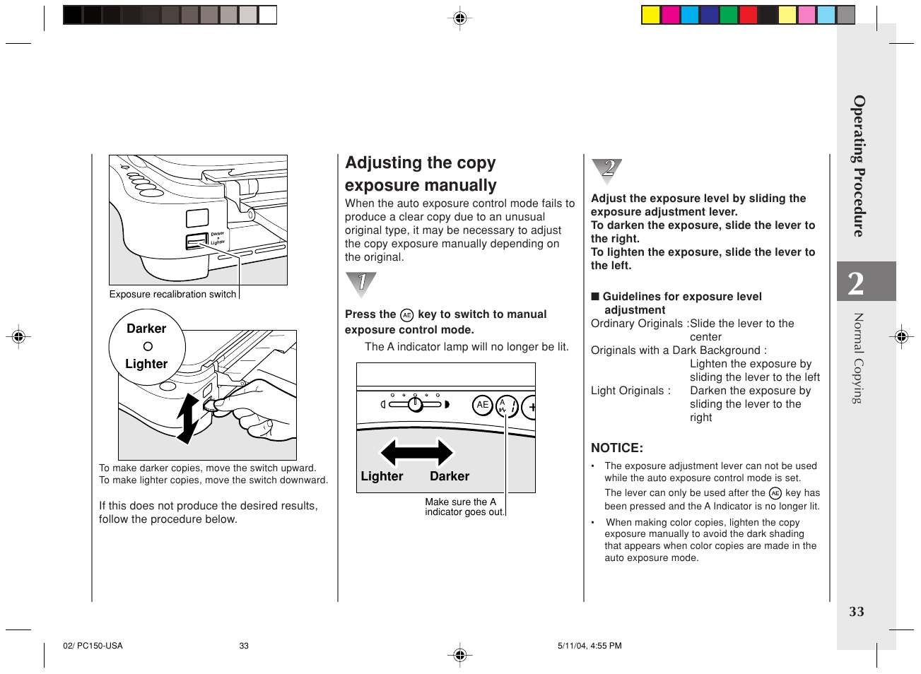 Adjusting the copy exposure manually, Operating procedure | Canon PC170 User Manual | Page 35 / 60