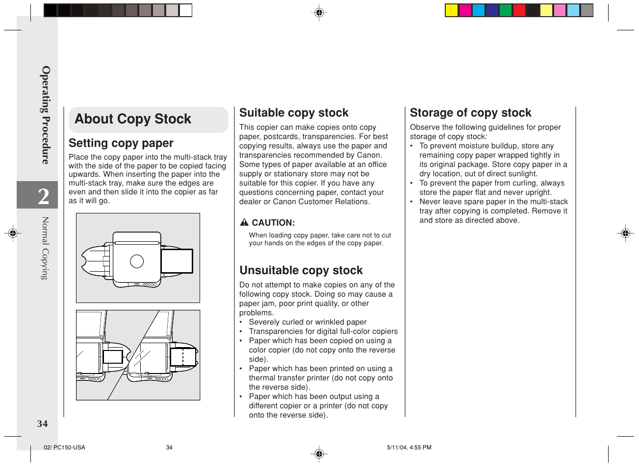 About copy stock, Setting copy paper, Suitable copy stock | Unsuitable copy stock, Storage of copy stock | Canon PC170 User Manual | Page 36 / 60