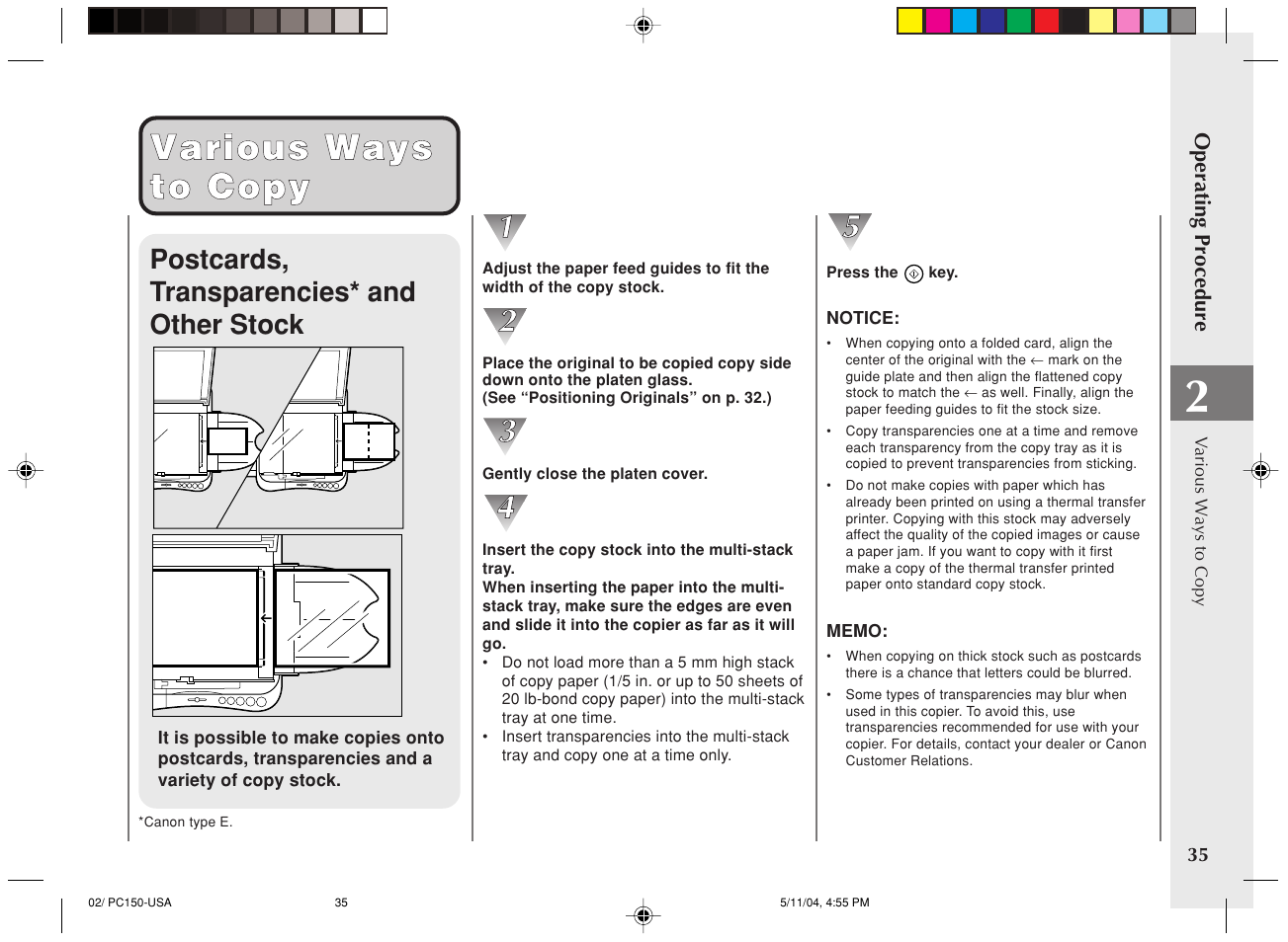 Various ways various ways to copy to copy, Postcards, transparencies* and other stock | Canon PC170 User Manual | Page 37 / 60