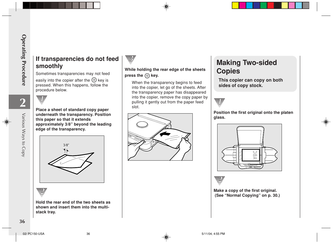 Making two-sided copies, If transparencies do not feed smoothly | Canon PC170 User Manual | Page 38 / 60