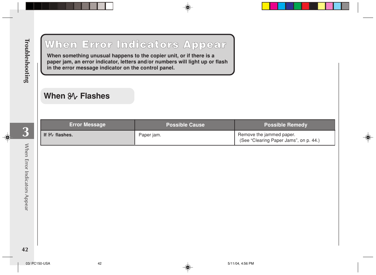 When error indicators appear, When flashes | Canon PC170 User Manual | Page 44 / 60