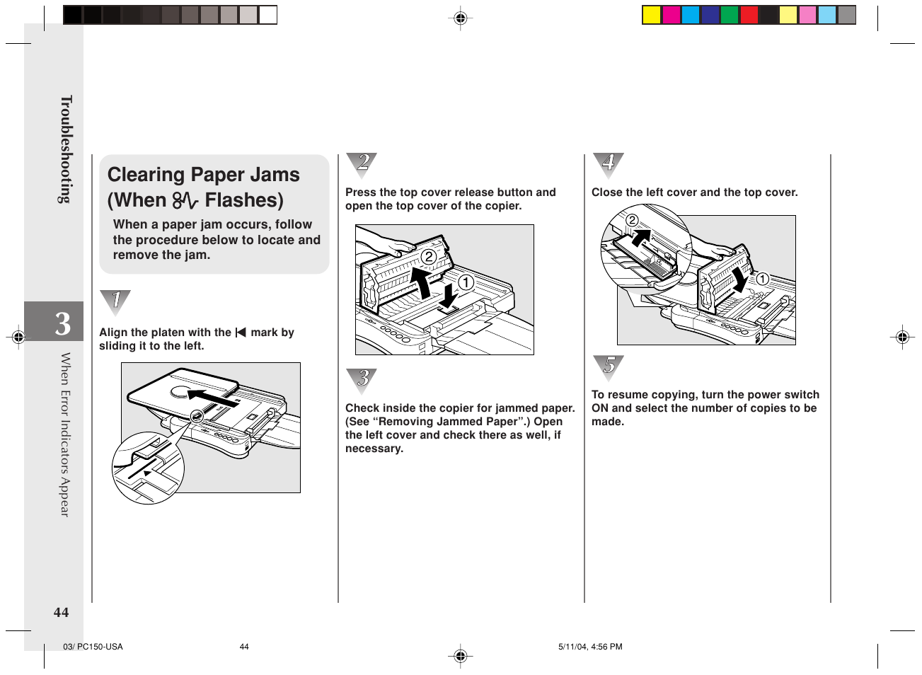 Clearing paper jams (when flashes) | Canon PC170 User Manual | Page 46 / 60