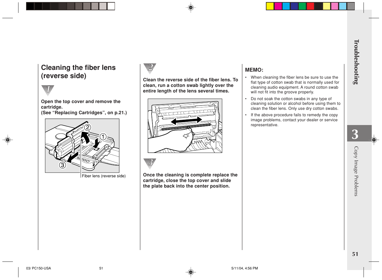 Cleaning the fiber lens (reverse side) | Canon PC170 User Manual | Page 53 / 60