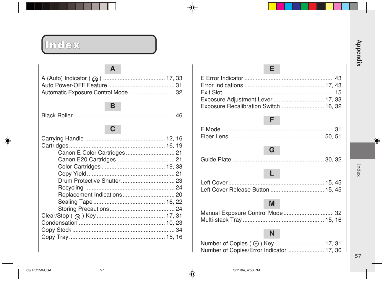 Index | Canon PC170 User Manual | Page 59 / 60