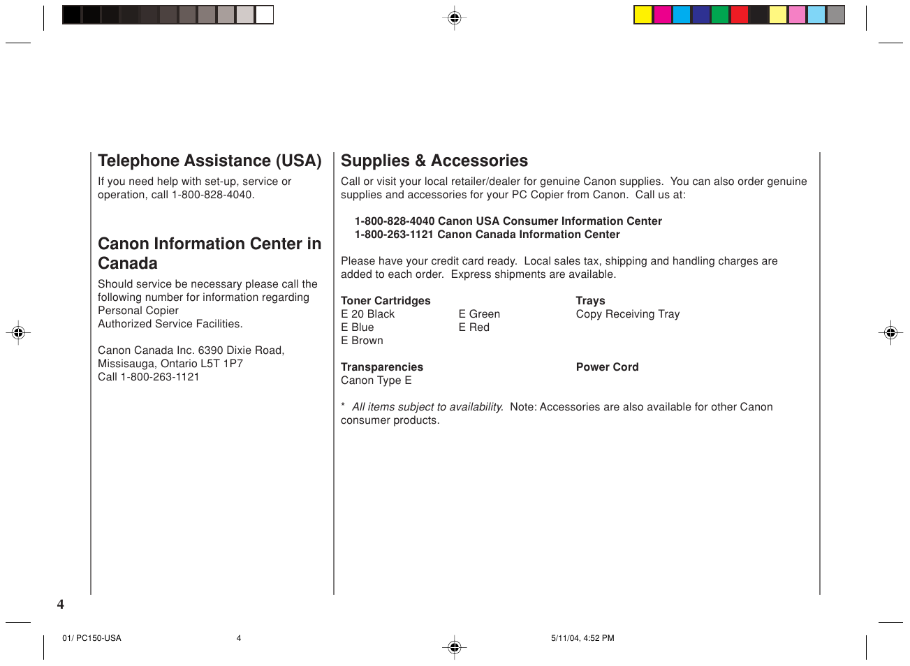 Telephone assistance (usa), Canon information center in canada, Supplies & accessories | Canon PC170 User Manual | Page 6 / 60