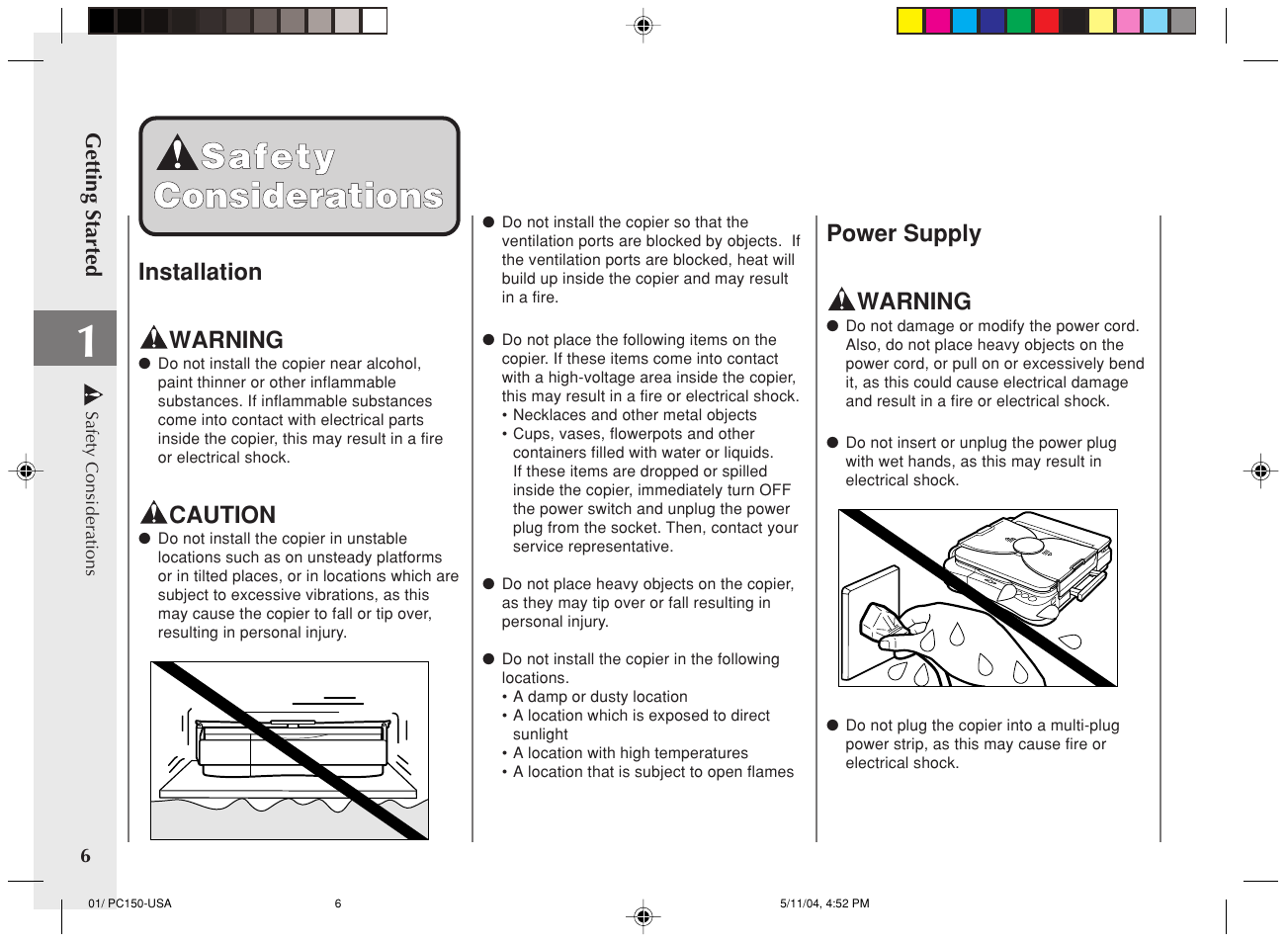 Safety, Safety considerations considerations | Canon PC170 User Manual | Page 8 / 60