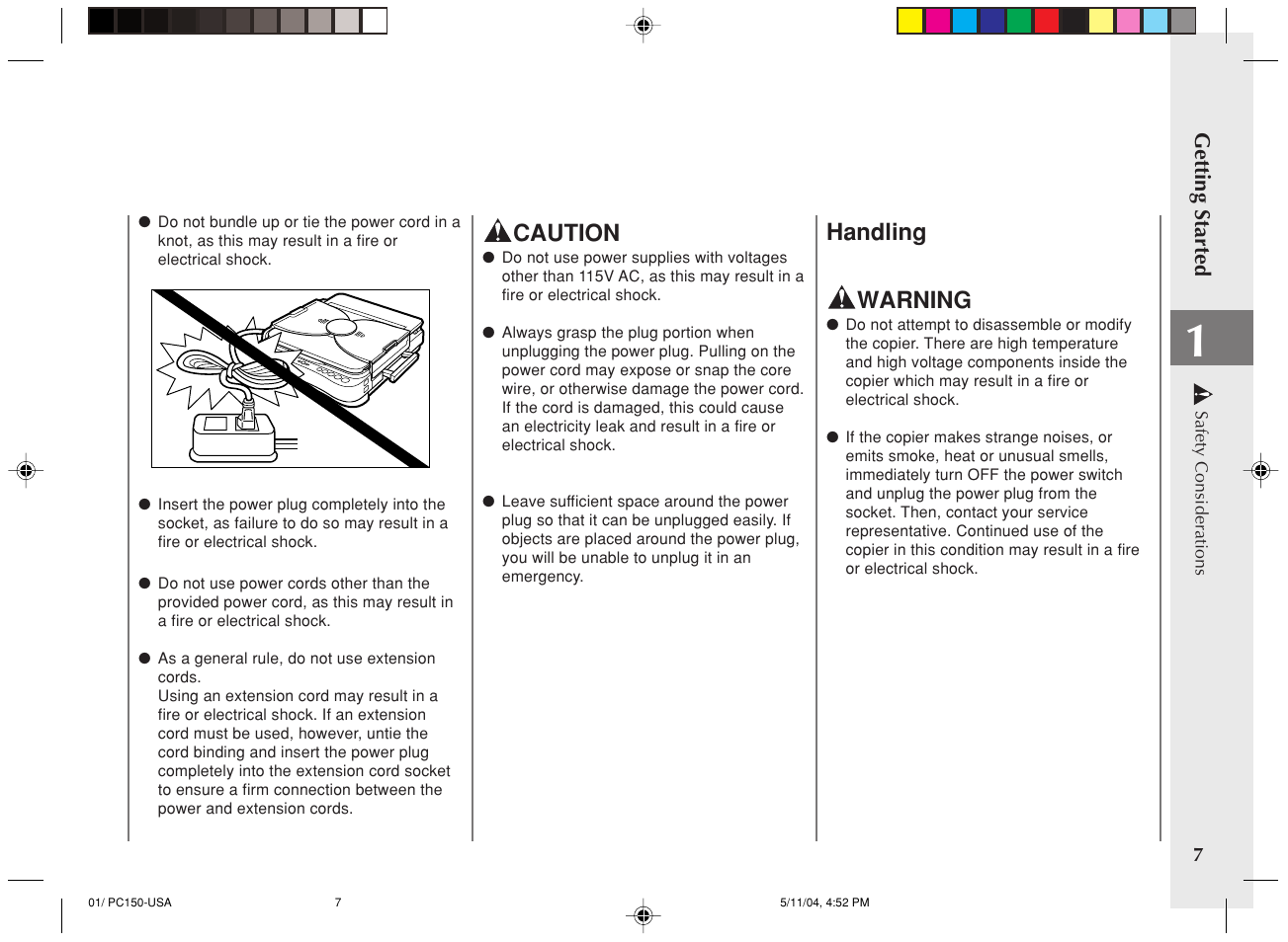 Caution, Handling warning | Canon PC170 User Manual | Page 9 / 60