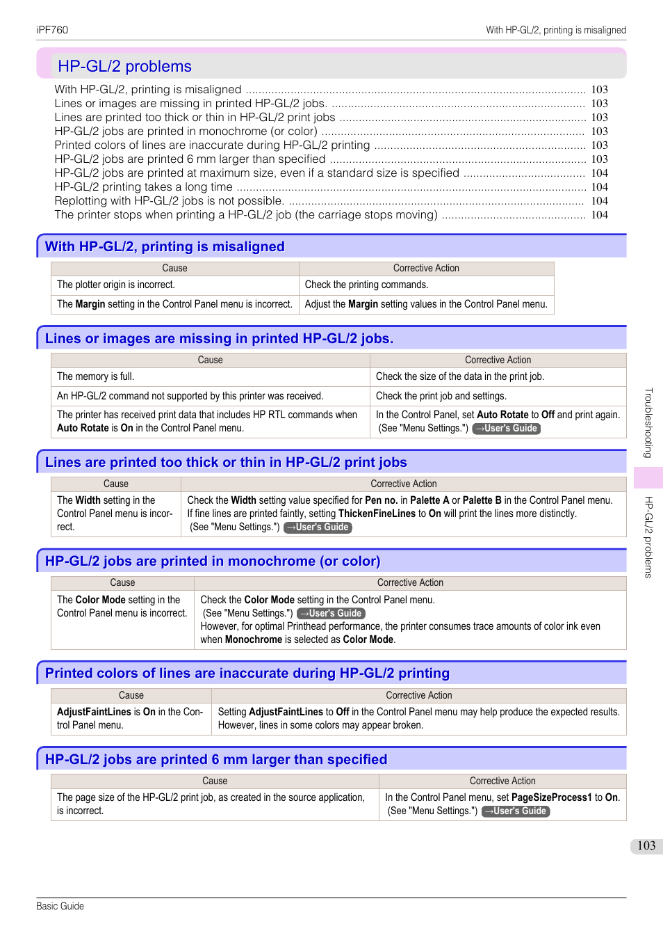 Hp-gl/2 problems, With hp-gl/2, printing is misaligned, Hp-gl/2 jobs are printed in monochrome (or color) | Canon imagePROGRAF iPF760 User Manual | Page 103 / 132