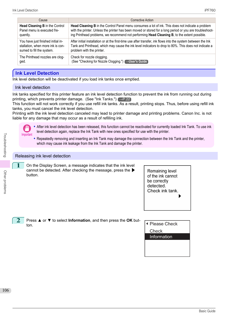 Ink level detection | Canon imagePROGRAF iPF760 User Manual | Page 106 / 132