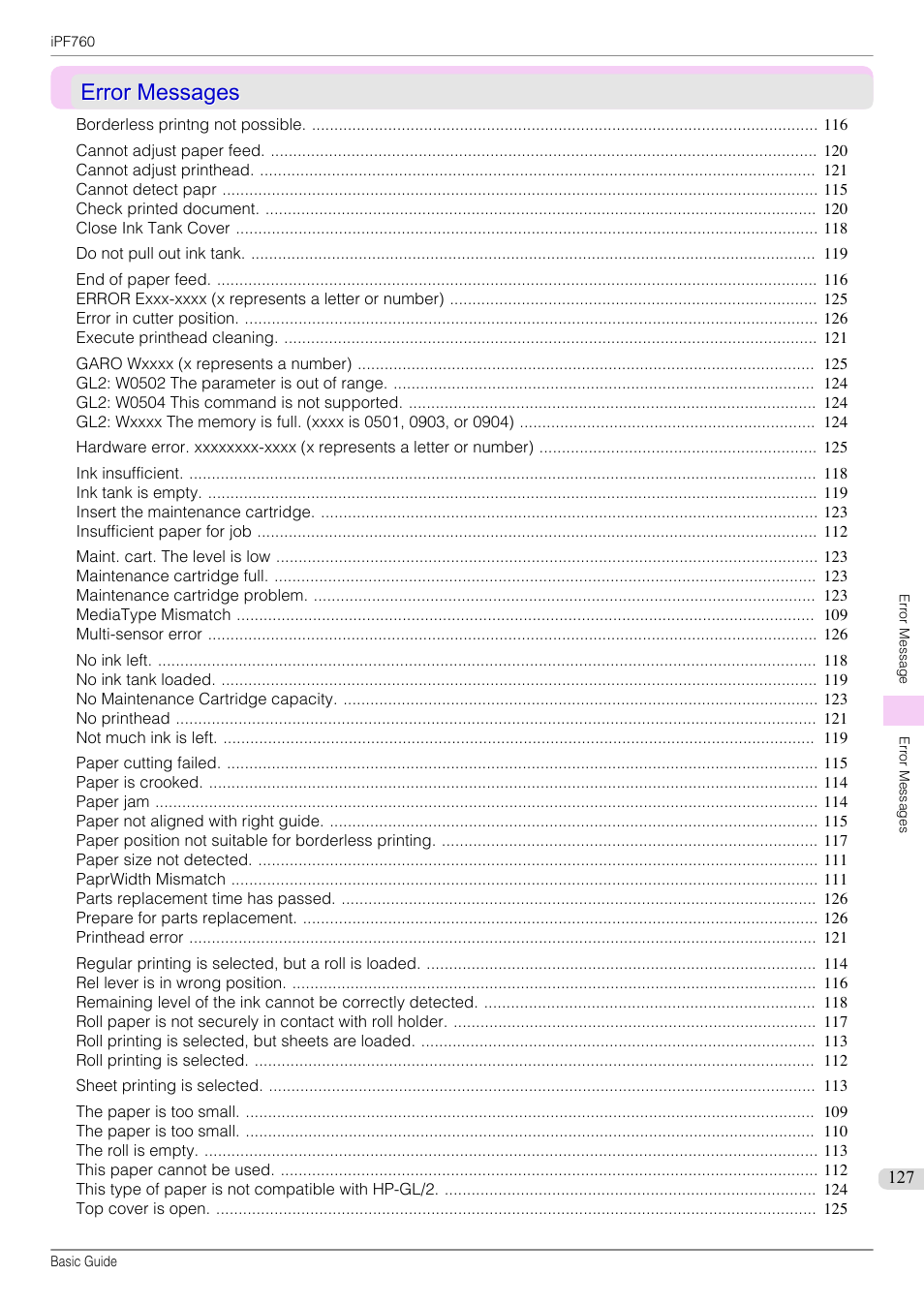 Error messages, See "error messages."), P.127 | Canon imagePROGRAF iPF760 User Manual | Page 127 / 132