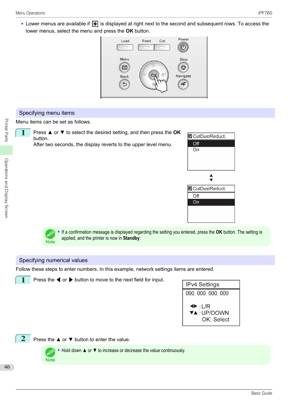 Specifying menu items, P.46, Specifying numerical values | Canon imagePROGRAF iPF760 User Manual | Page 46 / 132