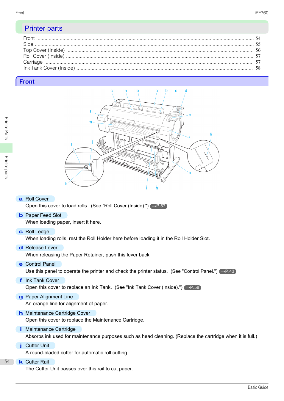 Printer parts, Front | Canon imagePROGRAF iPF760 User Manual | Page 54 / 132