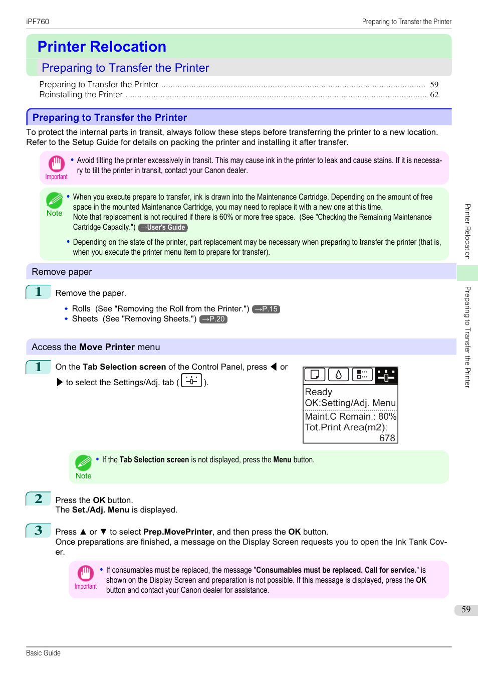 Printer relocation, Preparing to transfer the printer | Canon imagePROGRAF iPF760 User Manual | Page 59 / 132