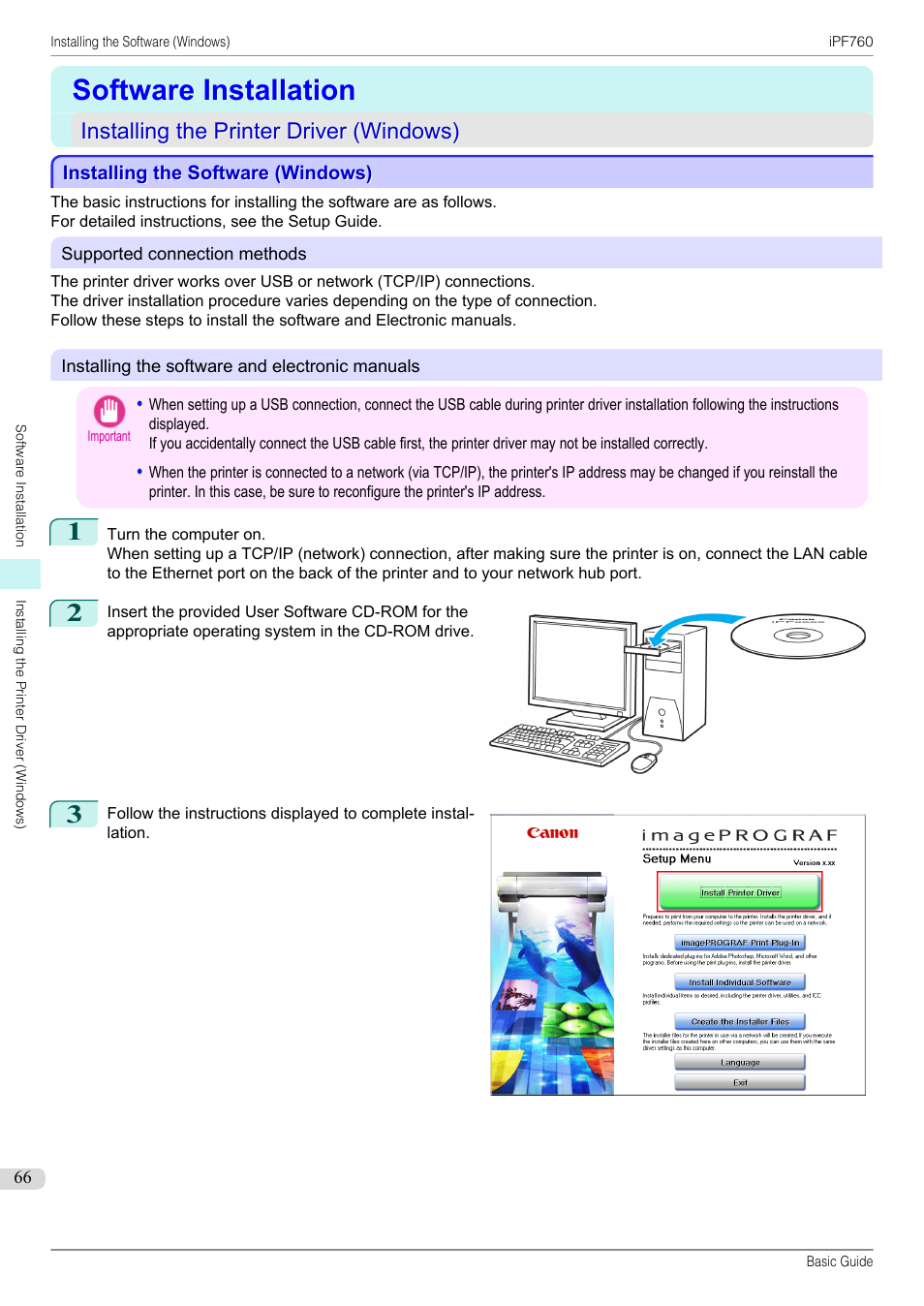 Software installation, Installing the printer driver (windows), Installing the software (windows) | See "installing the software (windows)."), P.66 | Canon imagePROGRAF iPF760 User Manual | Page 66 / 132