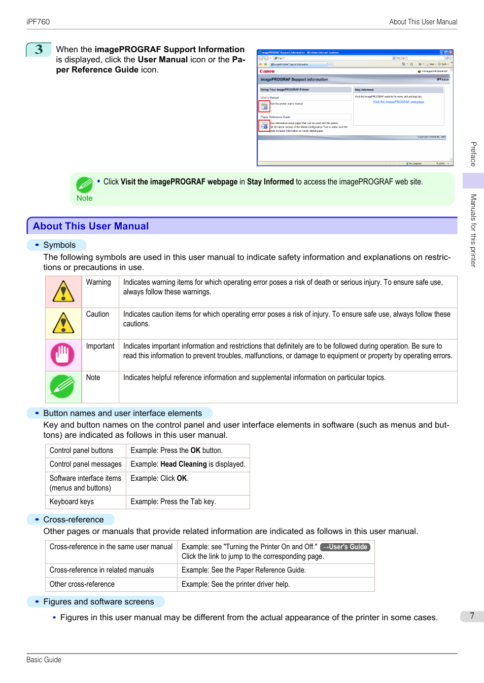About this user manual | Canon imagePROGRAF iPF760 User Manual | Page 7 / 132