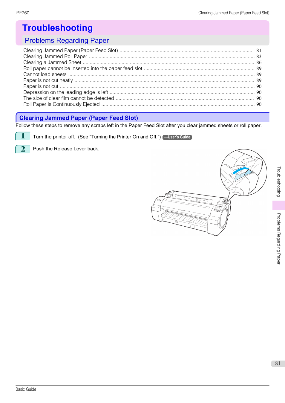 Troubleshooting, Problems regarding paper, Clearing jammed paper (paper feed slot) | Canon imagePROGRAF iPF760 User Manual | Page 81 / 132