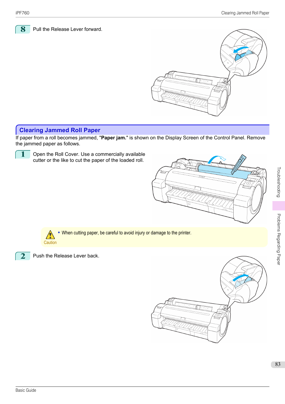 Clearing jammed roll paper | Canon imagePROGRAF iPF760 User Manual | Page 83 / 132