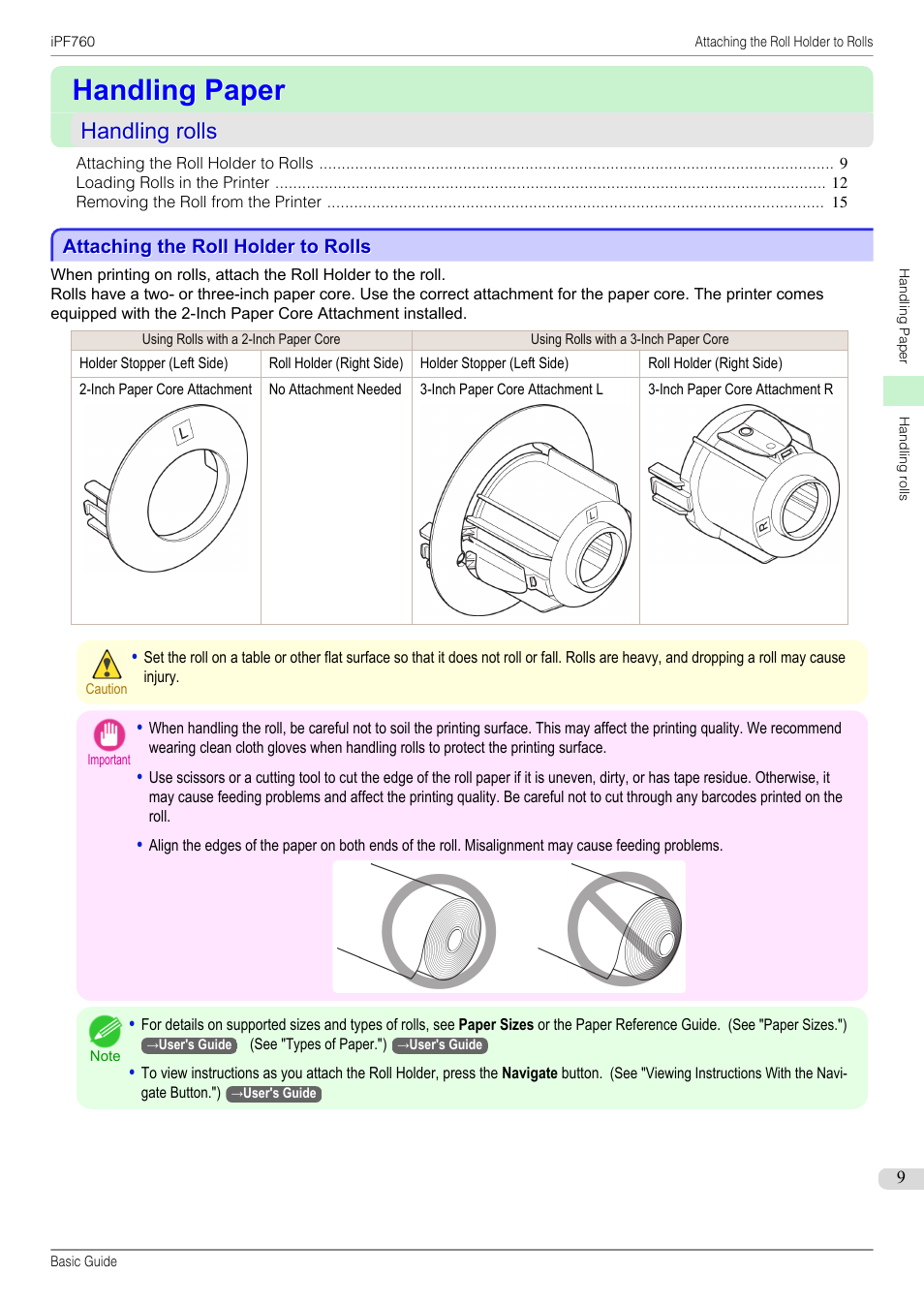 Handling paper, Handling rolls, Attaching the roll holder to rolls | Canon imagePROGRAF iPF760 User Manual | Page 9 / 132