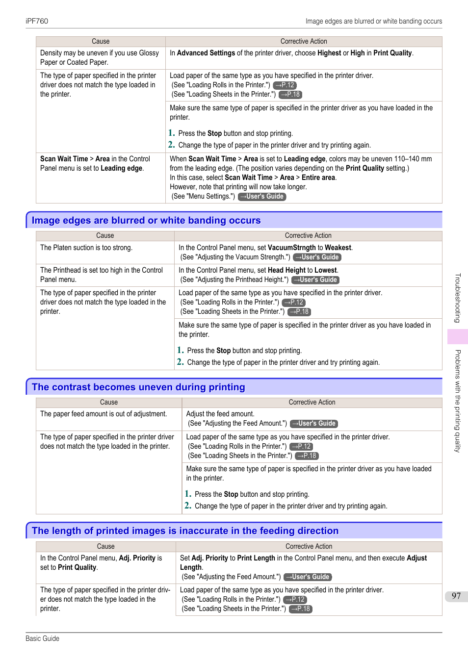 Image edges are blurred or white banding occurs, The contrast becomes uneven during printing | Canon imagePROGRAF iPF760 User Manual | Page 97 / 132