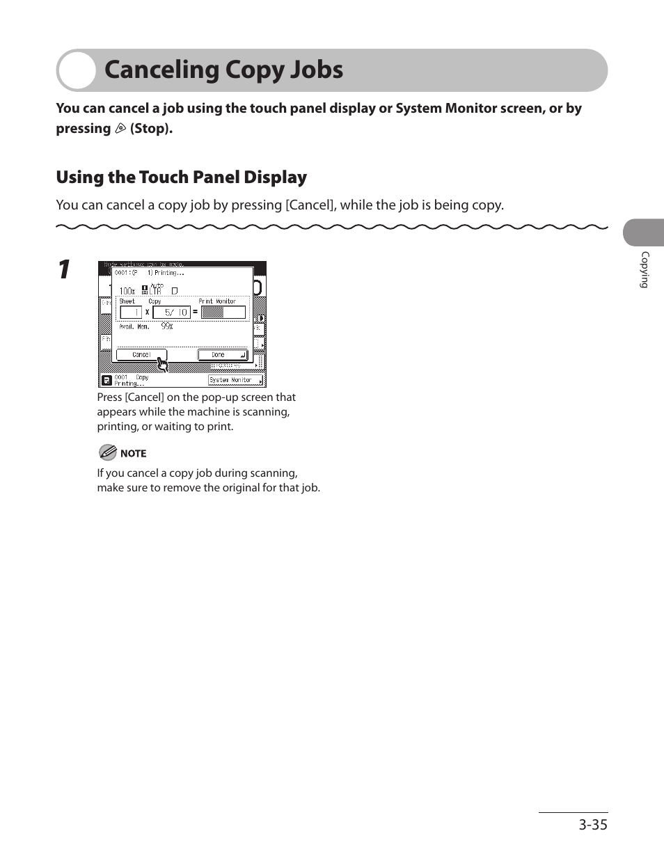 Canceling copy jobs, Using the touch panel display, Canceling copy jobs -35 | Using the touch panel display ‑35 | Canon ImageCLASS MF7480 User Manual | Page 132 / 388