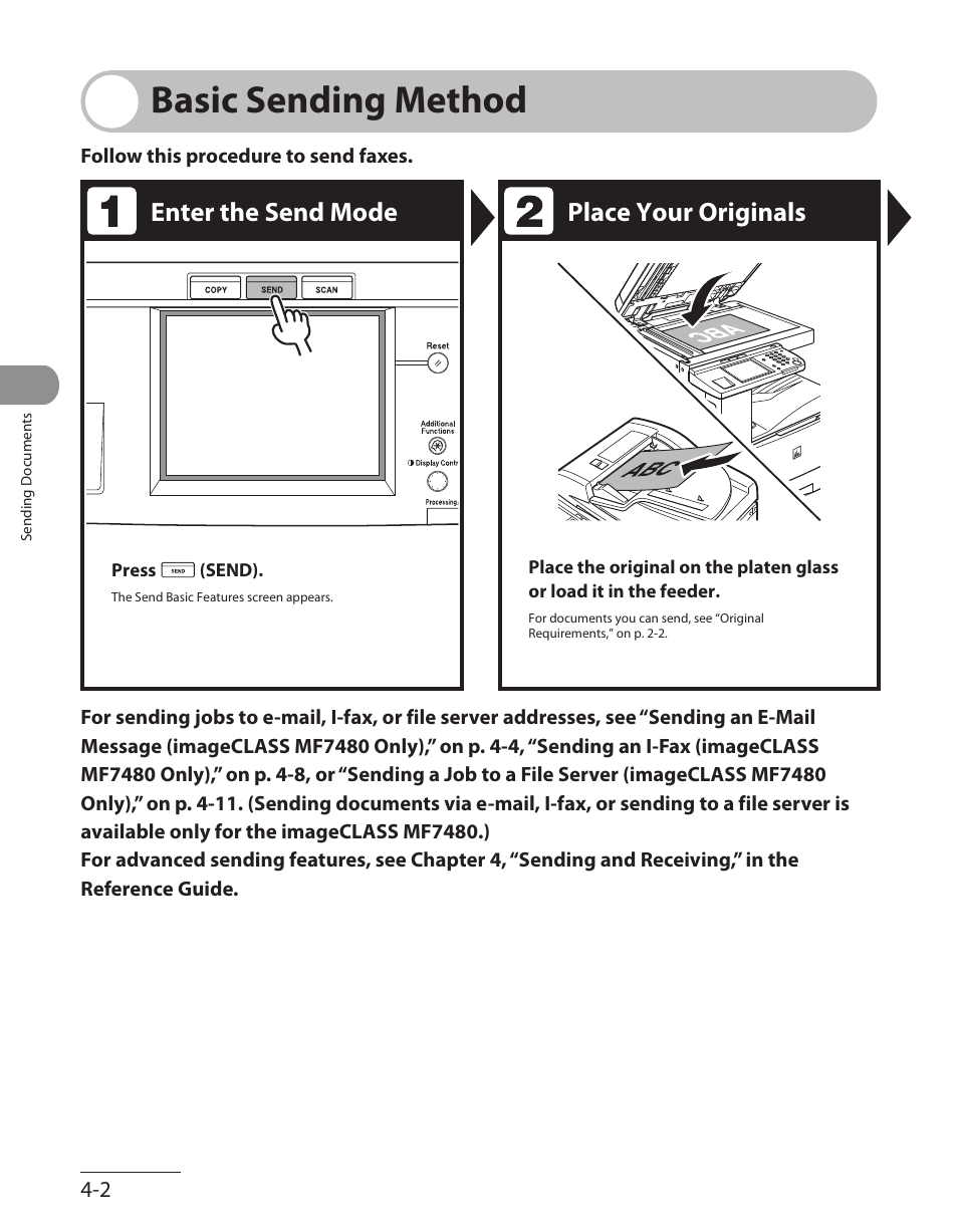 Basic sending method, Basic sending method -2, Enter the send mode place your originals | Canon ImageCLASS MF7480 User Manual | Page 137 / 388