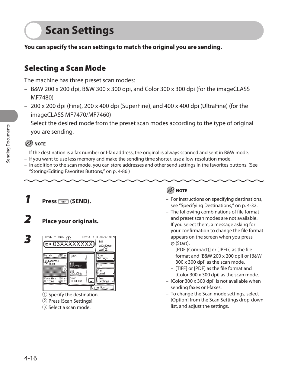 Scan settings, Selecting a scan mode, Scan settings -16 | Selecting a scan mode ‑16, Up menu. (see “scan settings,” on p. 4‑16.) | Canon ImageCLASS MF7480 User Manual | Page 151 / 388