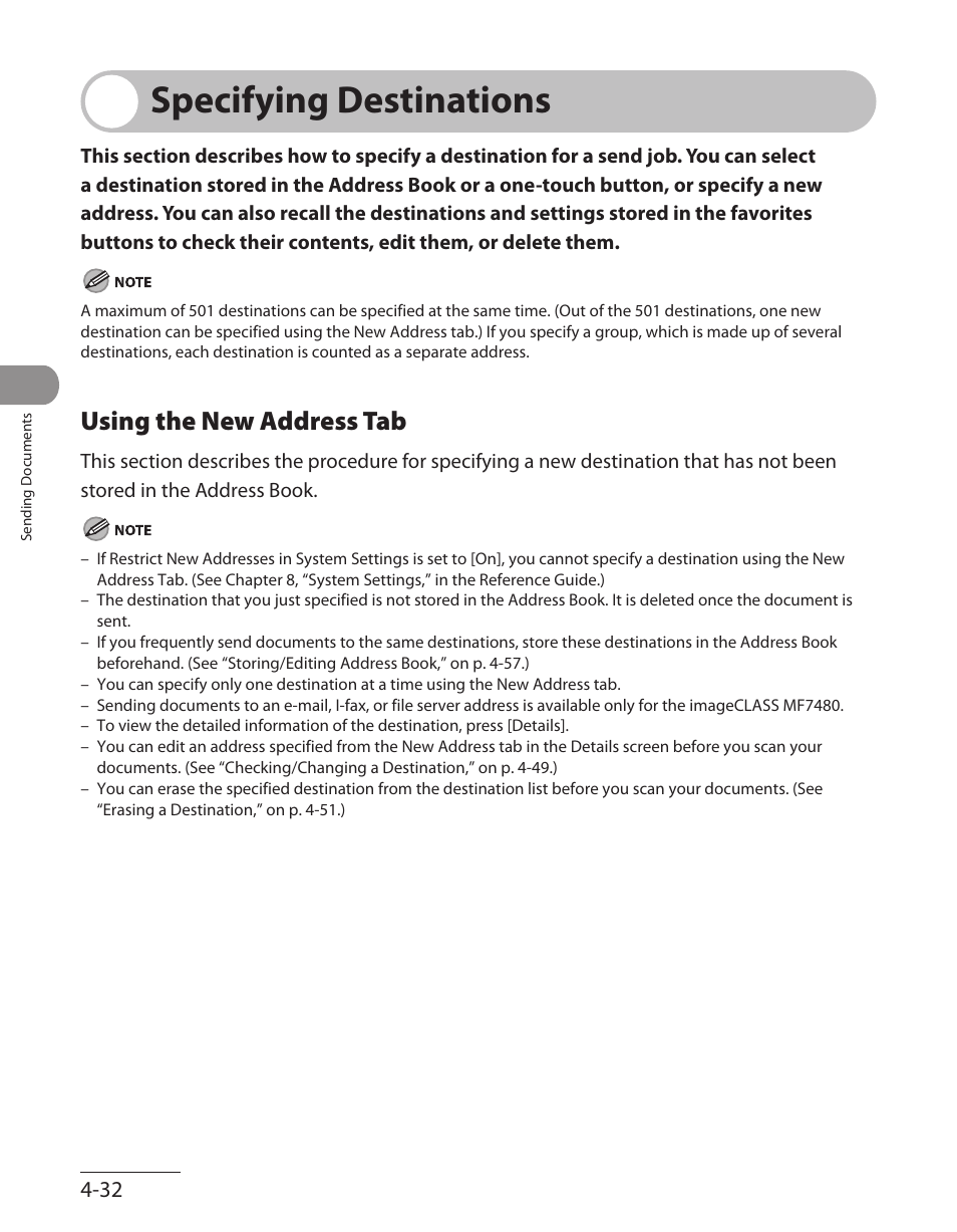 Specifying destinations, Using the new address tab, Specifying destinations -32 | Using the new address tab ‑32, Specifying destinations,” on p. 4‑32.) | Canon ImageCLASS MF7480 User Manual | Page 167 / 388