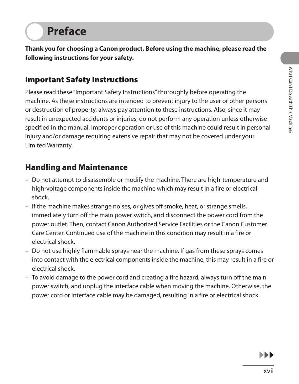 Preface, Important safety instructions, Handling and maintenance | Canon ImageCLASS MF7480 User Manual | Page 18 / 388