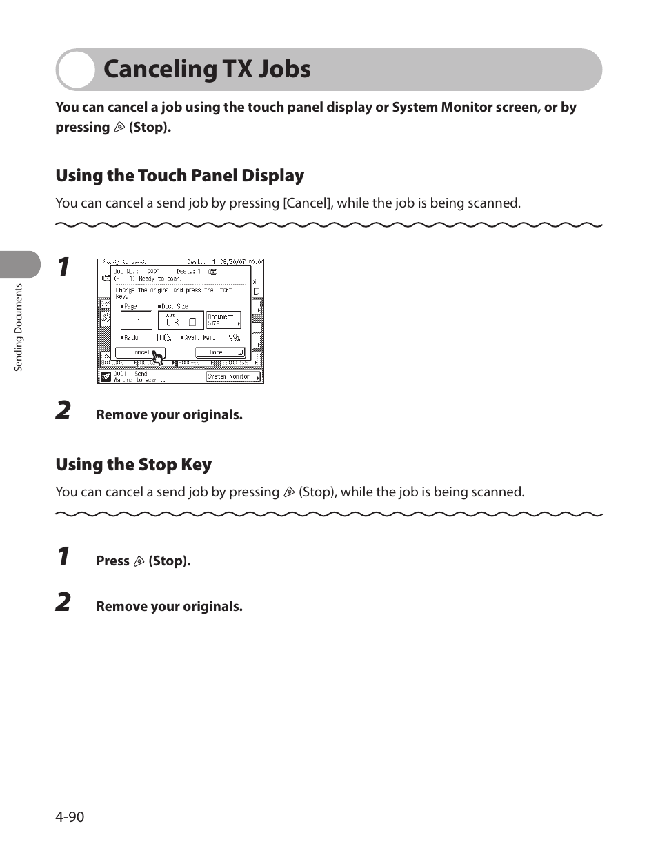 Canceling tx jobs, Using the touch panel display, Canceling tx jobs -90 | Using the touch panel display ‑90 | Canon ImageCLASS MF7480 User Manual | Page 225 / 388