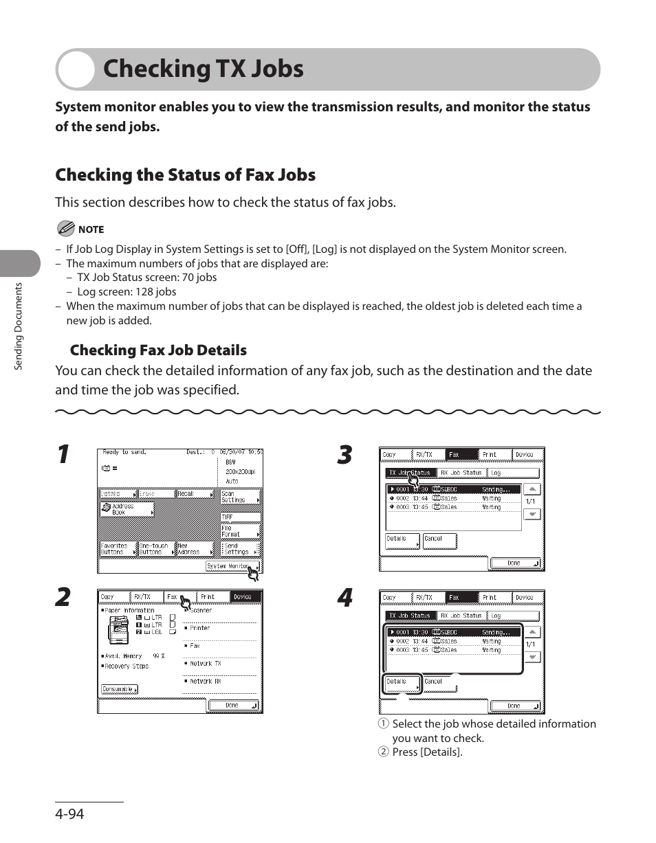 Checking tx jobs, Checking the status of fax jobs, Checking tx jobs -94 | Checking the status of fax jobs ‑94 | Canon ImageCLASS MF7480 User Manual | Page 229 / 388