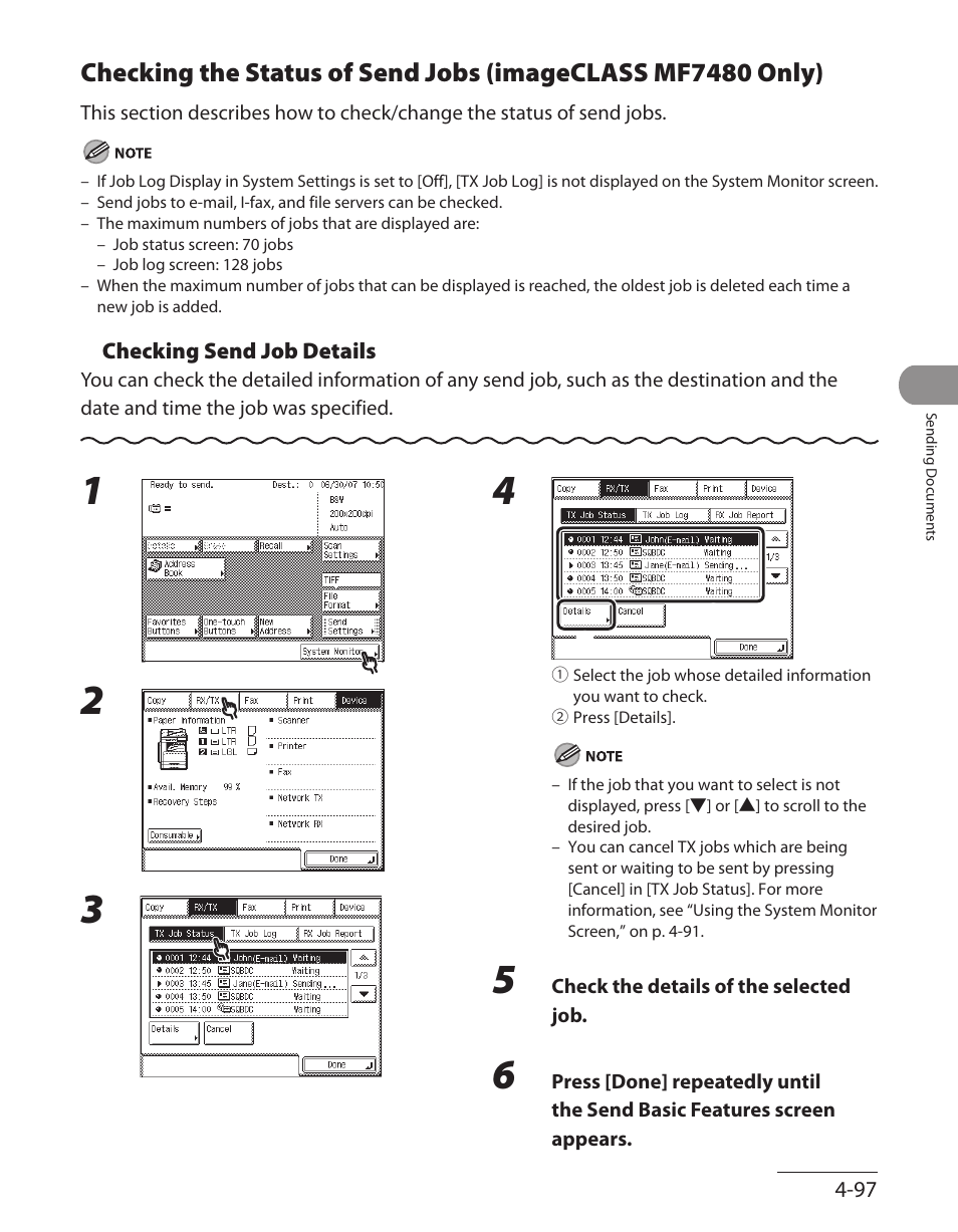 Checking the status of send jobs, Imageclass mf7480 only) ‑97 | Canon ImageCLASS MF7480 User Manual | Page 232 / 388