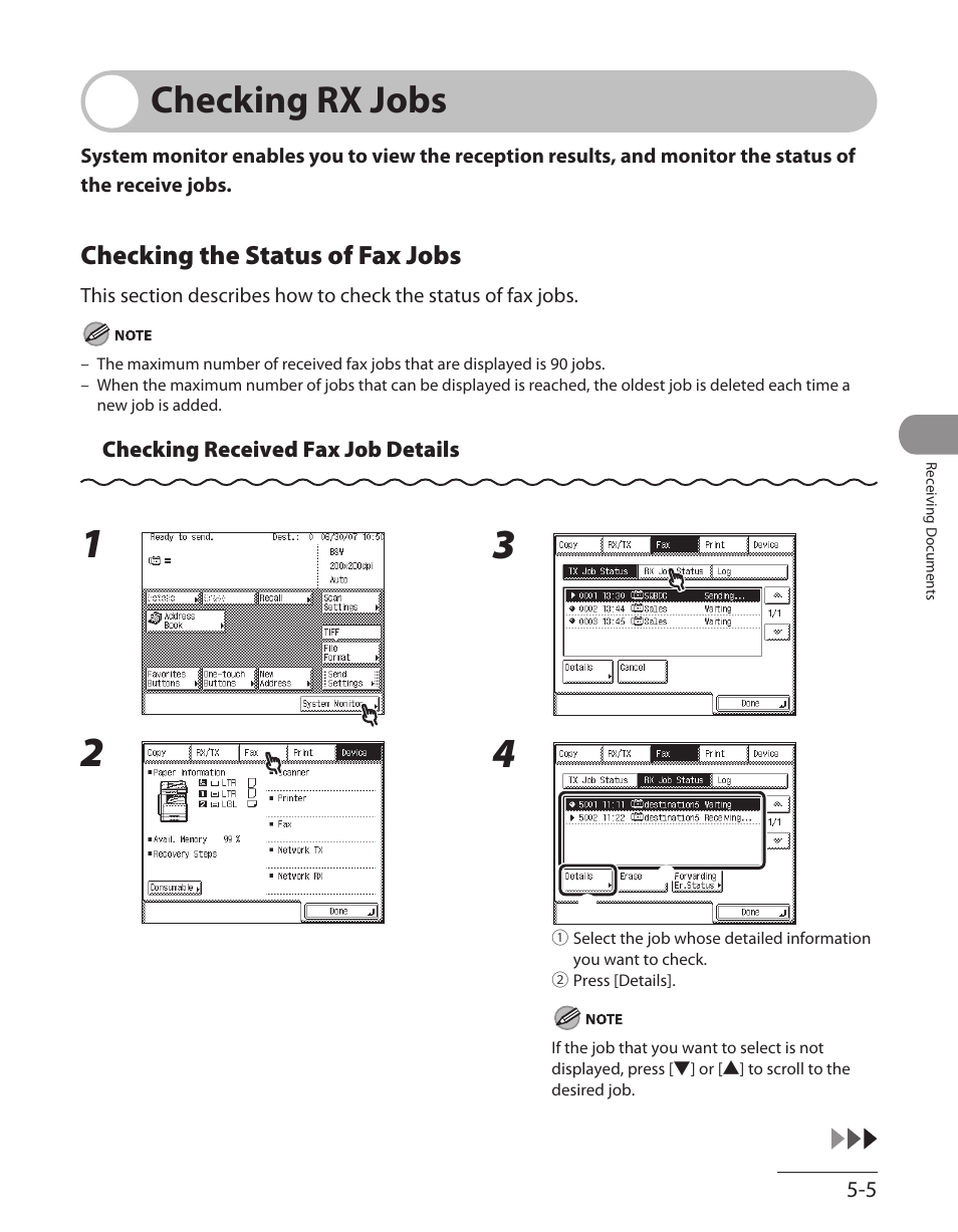 Checking rx jobs, Checking the status of fax jobs, Checking rx jobs -5 | Checking the status of fax jobs ‑5 | Canon ImageCLASS MF7480 User Manual | Page 238 / 388