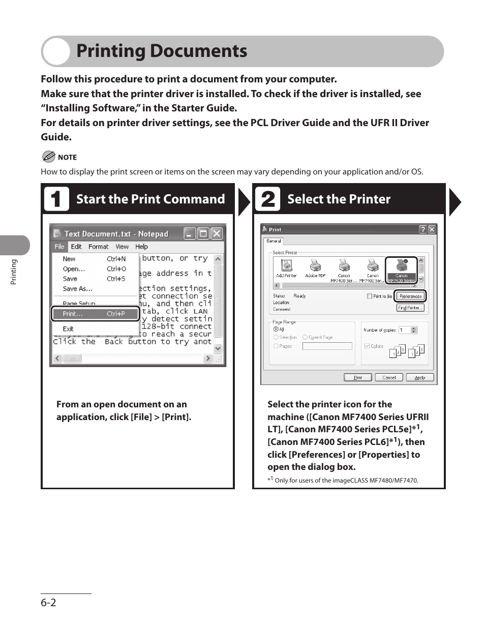 Printing documents, Printing documents -2, Start the print command select the printer | Canon ImageCLASS MF7480 User Manual | Page 247 / 388