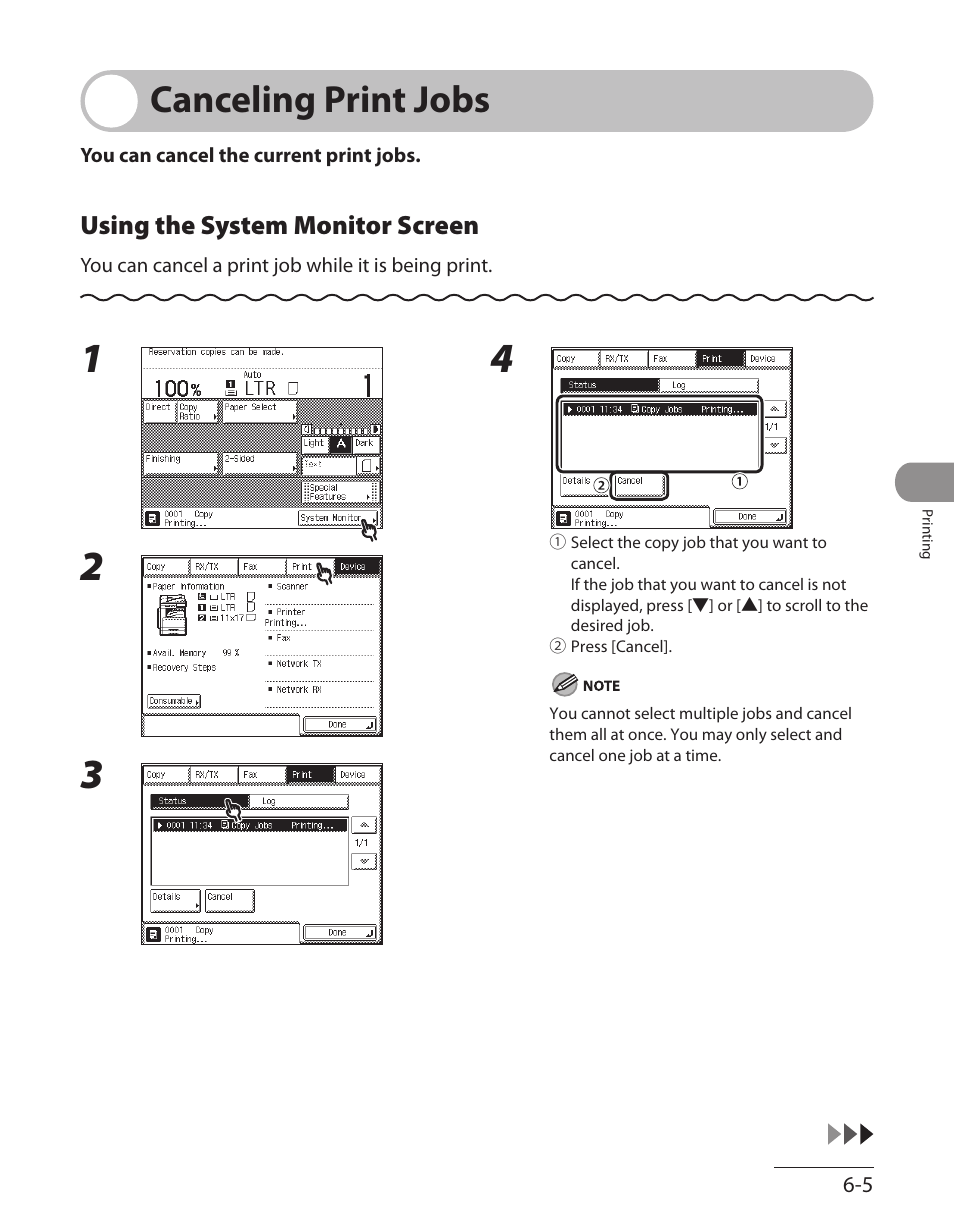 Canceling print jobs, Using the system monitor screen, Canceling print jobs -5 | Using the system monitor screen ‑5 | Canon ImageCLASS MF7480 User Manual | Page 250 / 388