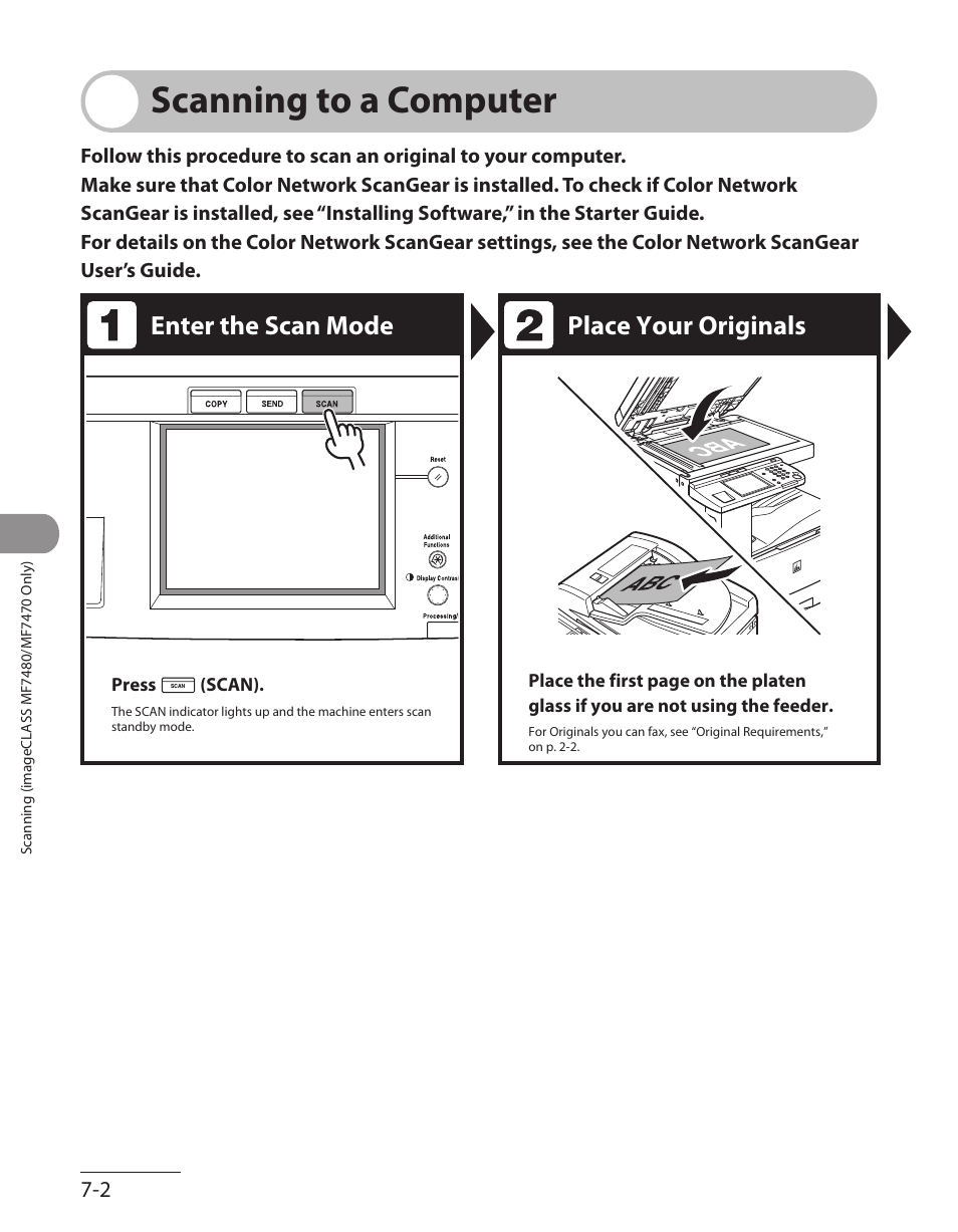 Scanning to a computer, Scanning to a computer -2, Enter the scan mode place your originals | Canon ImageCLASS MF7480 User Manual | Page 255 / 388