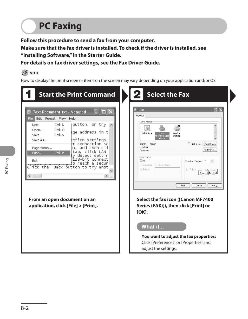 Pc faxing, Pc faxing -2, Start the print command select the fax | Canon ImageCLASS MF7480 User Manual | Page 263 / 388