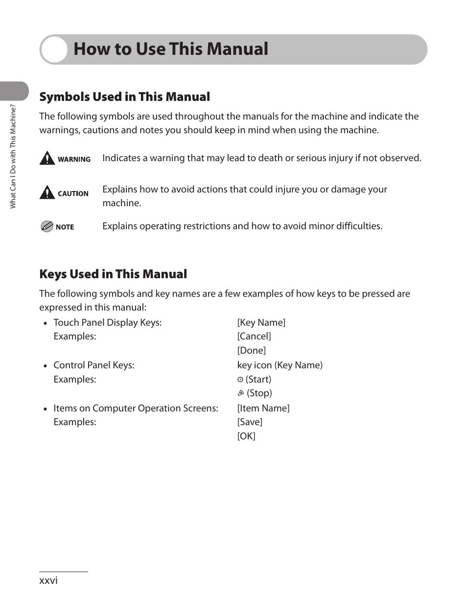 How to use this manual, Symbols used in this manual, Keys used in this manual | Canon ImageCLASS MF7480 User Manual | Page 27 / 388