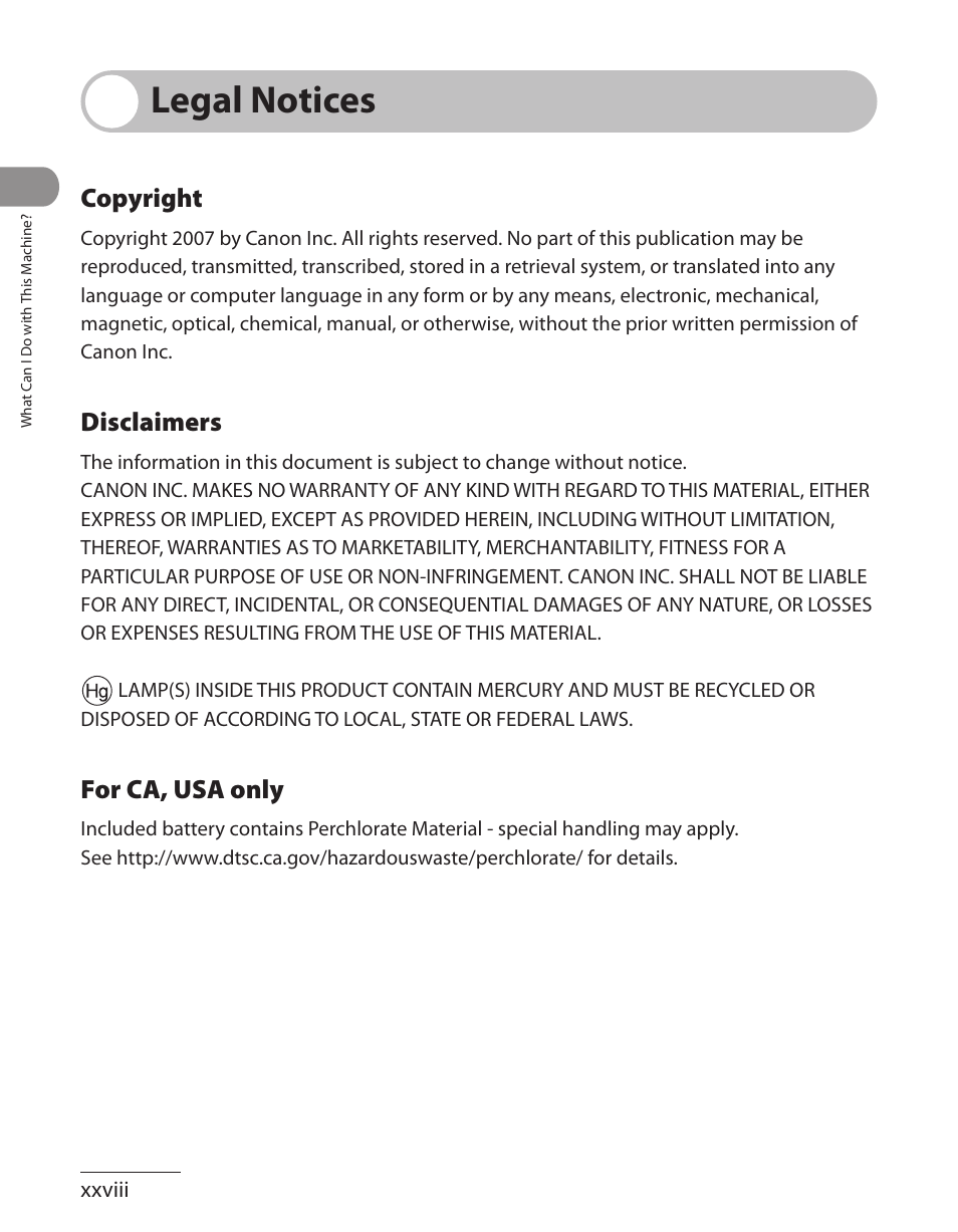 Legal notices, Copyright, Disclaimers | For ca, usa only | Canon ImageCLASS MF7480 User Manual | Page 29 / 388