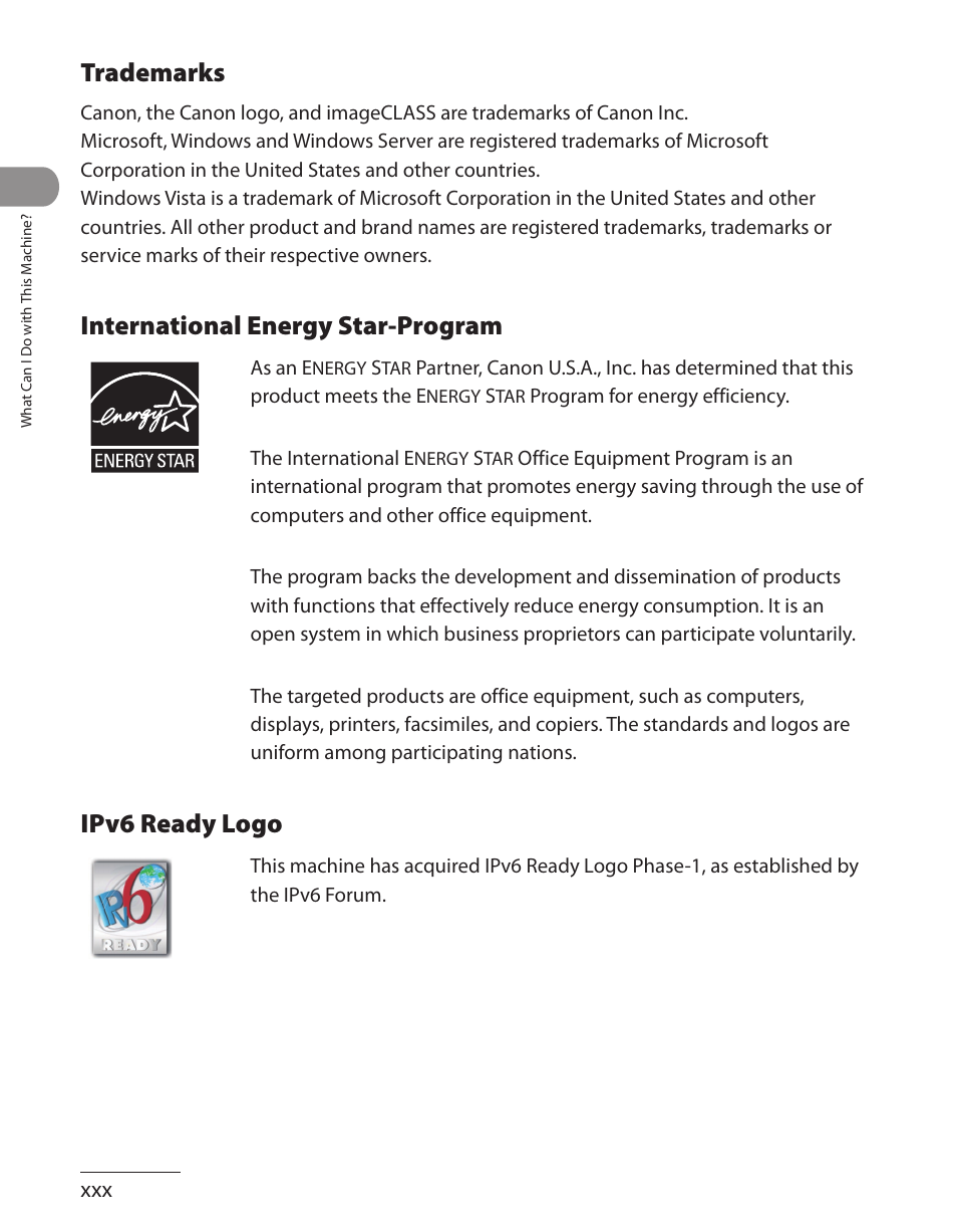 Trademarks, International energy star-program, Ipv6 ready logo | Canon ImageCLASS MF7480 User Manual | Page 31 / 388